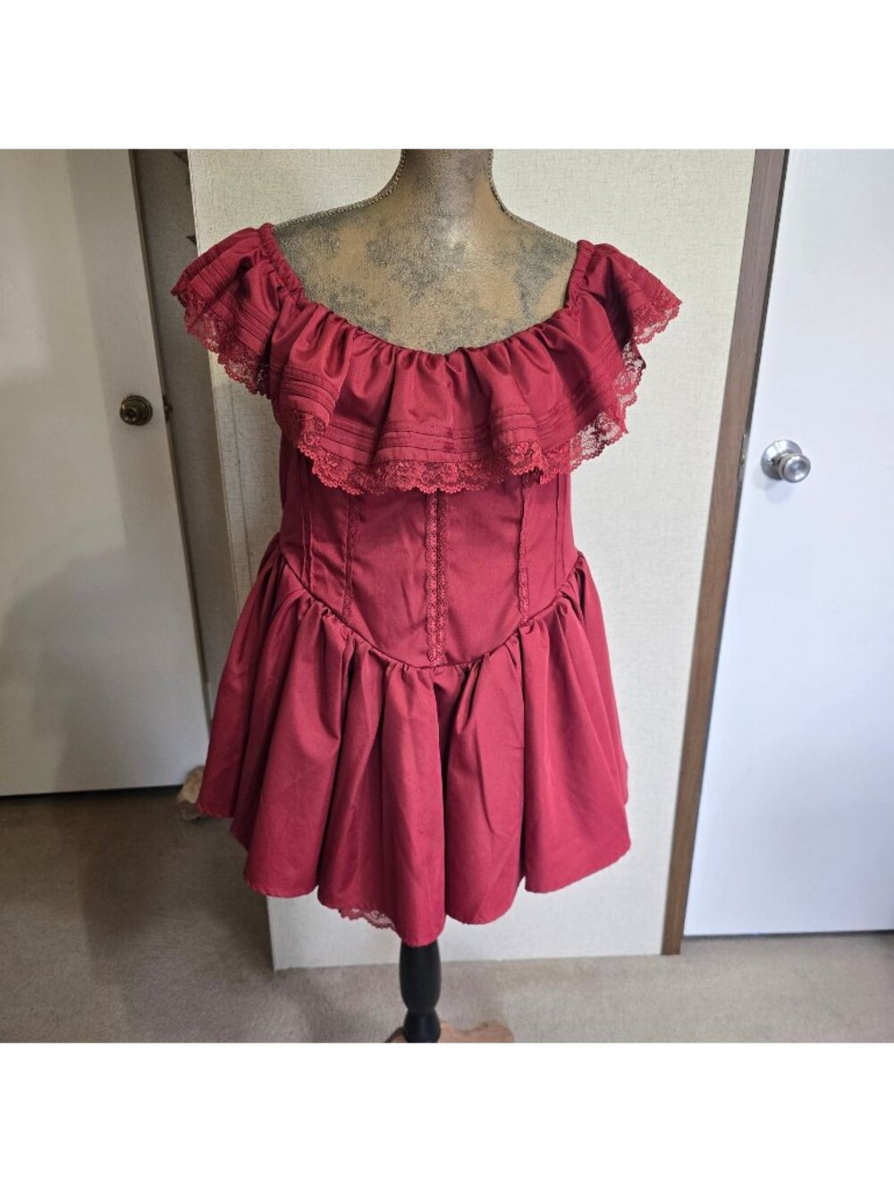 2XL Off Shoulder Mini Dress Burgundy Red Lace Trim Ruffle Ren Fest